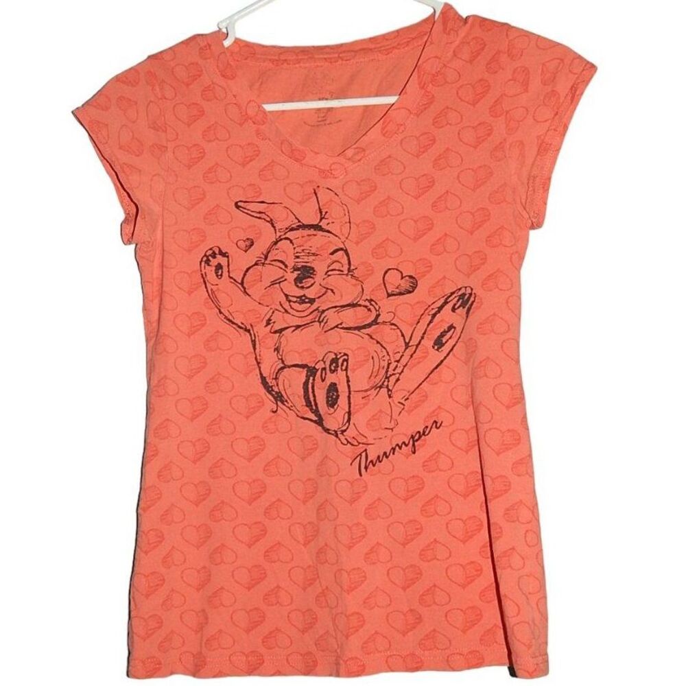 Disney women's junior's small peach scribble heart Thumper v-neck graphic tee